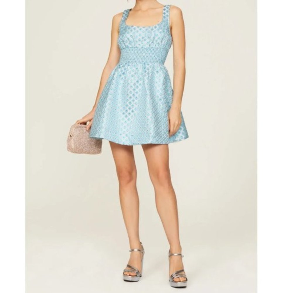 Hill House The Cher Metallic A Line Mini Dress Snowflake Brocade Blue/ White S - Picture 1 of 10